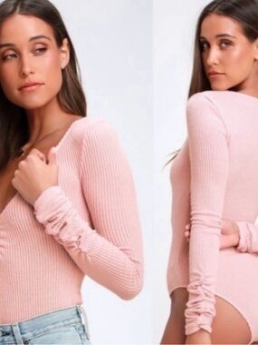 Free People Cozy Up with Me Long-Sleeve V-Neck Bodysuit in Dusty Rose